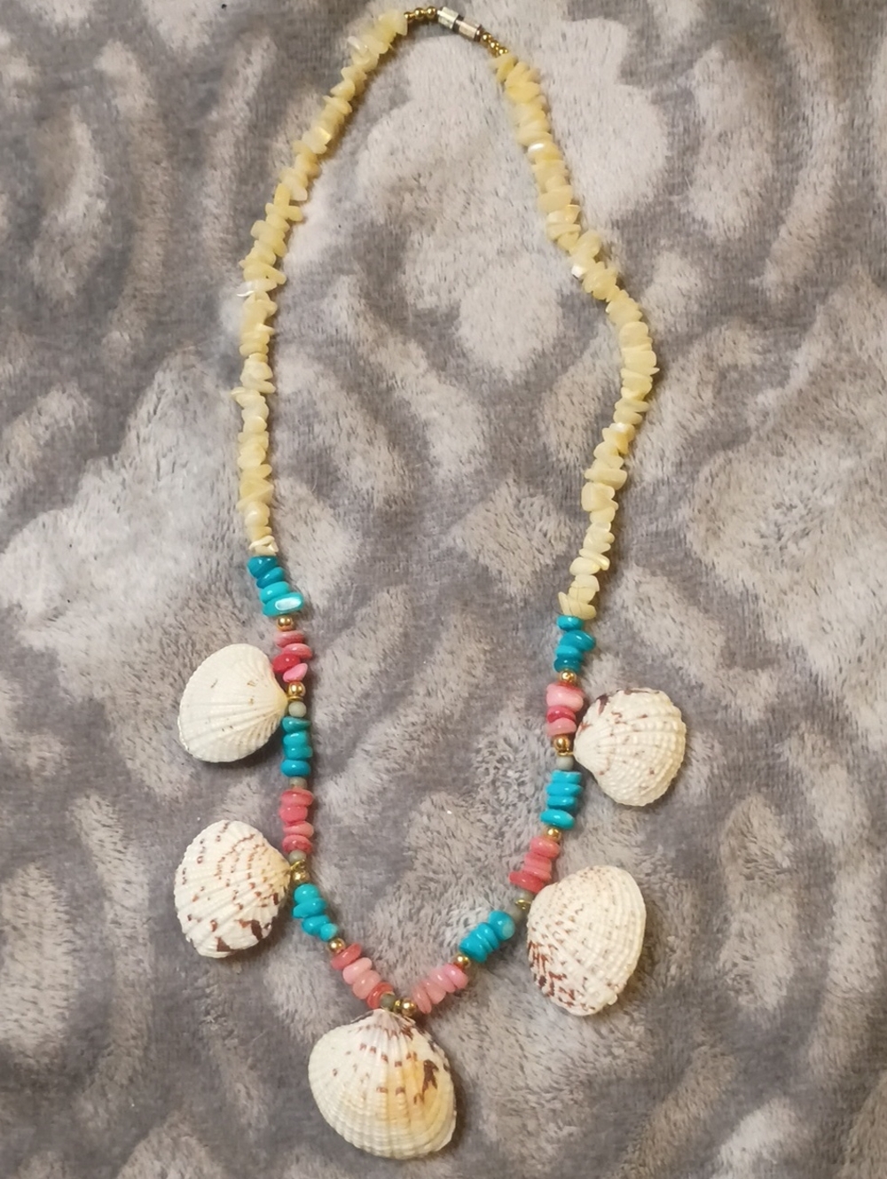 Beaded Shell Pendant Necklace in Cream, Blue & Pink Beads Not Sure What Kind